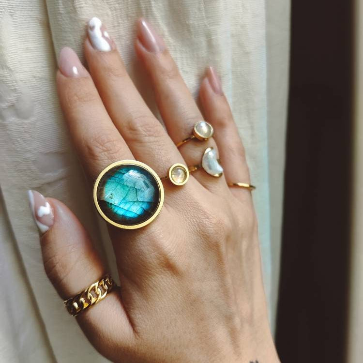 AYA Blue Labradorite Statement Ring Gold - s o l i s t i a l