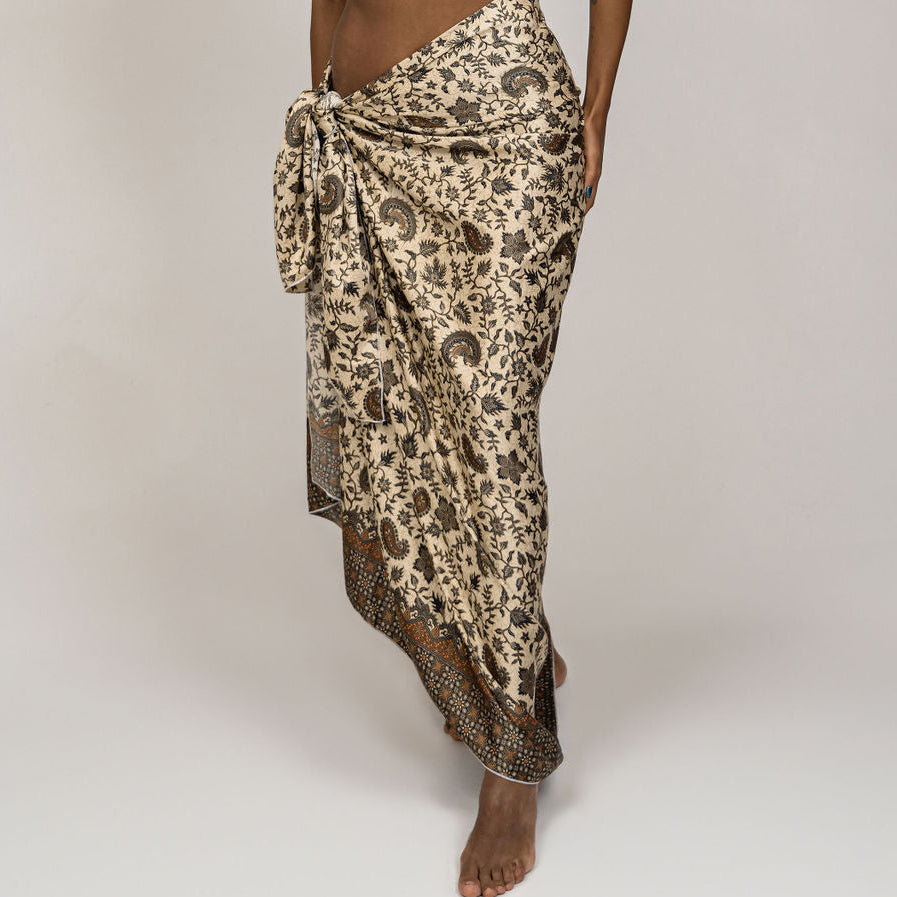 Beige Brown Floral Silk Sarong Shawl Womens