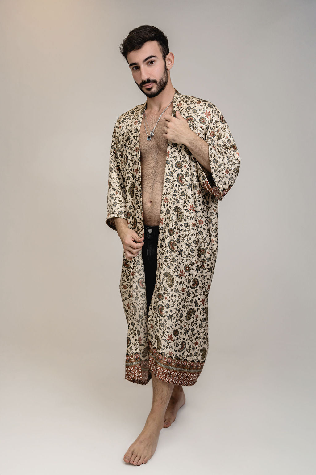 Mens Beige Brown Floral Silk Long Kimono Robe Floor Length