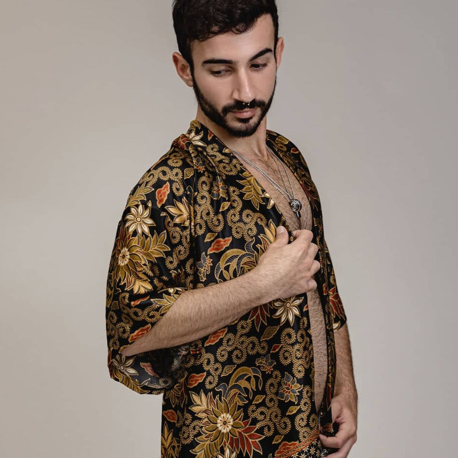 Black Gold Floral Silk Kimono Shorts Set Mens - Lotus