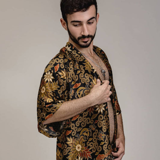 Black Gold Floral Silk Kimono Shorts Set Mens - Lotus