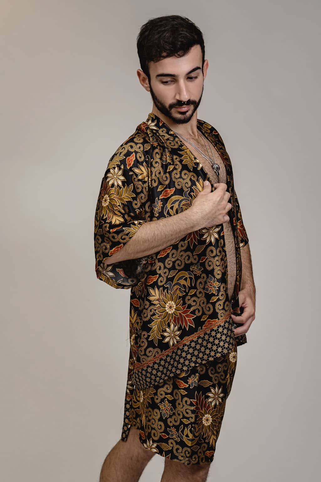 Black Gold Floral Silk Kimono Shorts Set Mens - Lotus