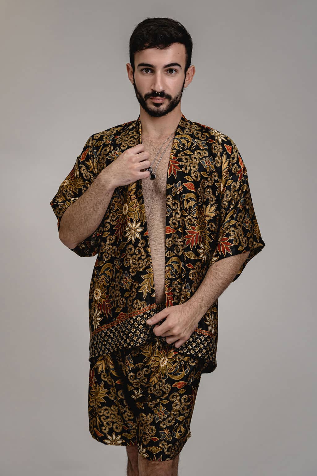 Black Gold Floral Silk Kimono Shorts Set Mens - Lotus