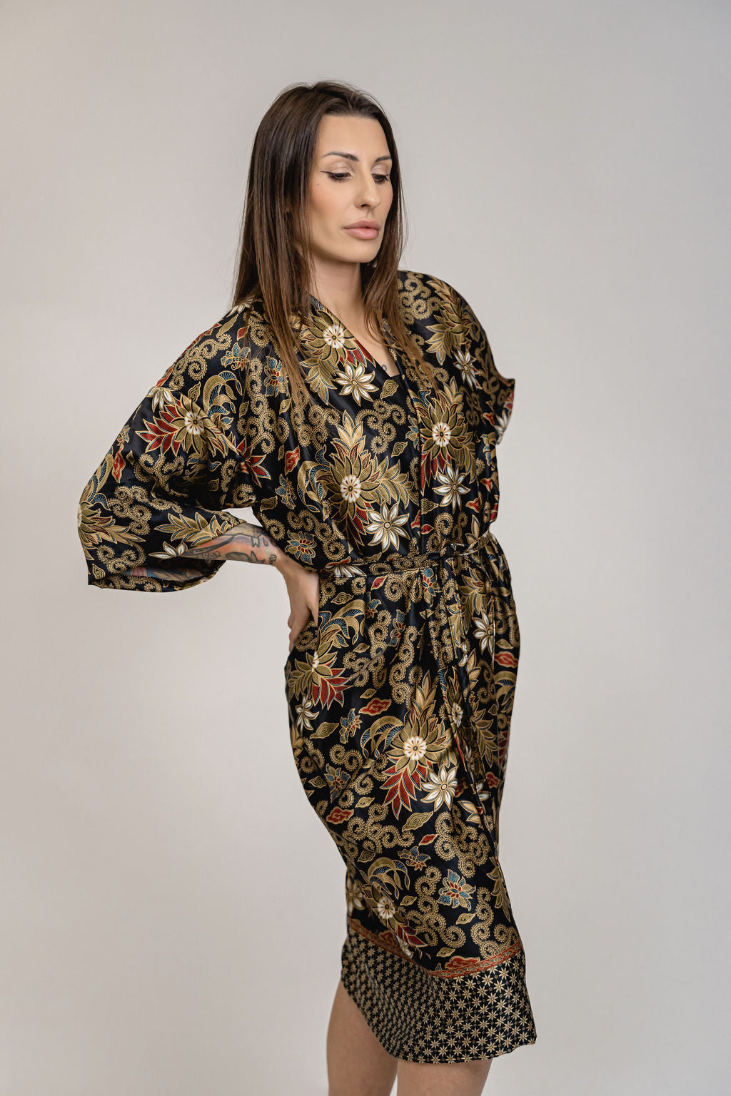 Black Silk Kimono Floral Clothing Robe Long, sexy gifts for her, luxury lingerie cover up, best Christmas gift for her, patterned cardigan