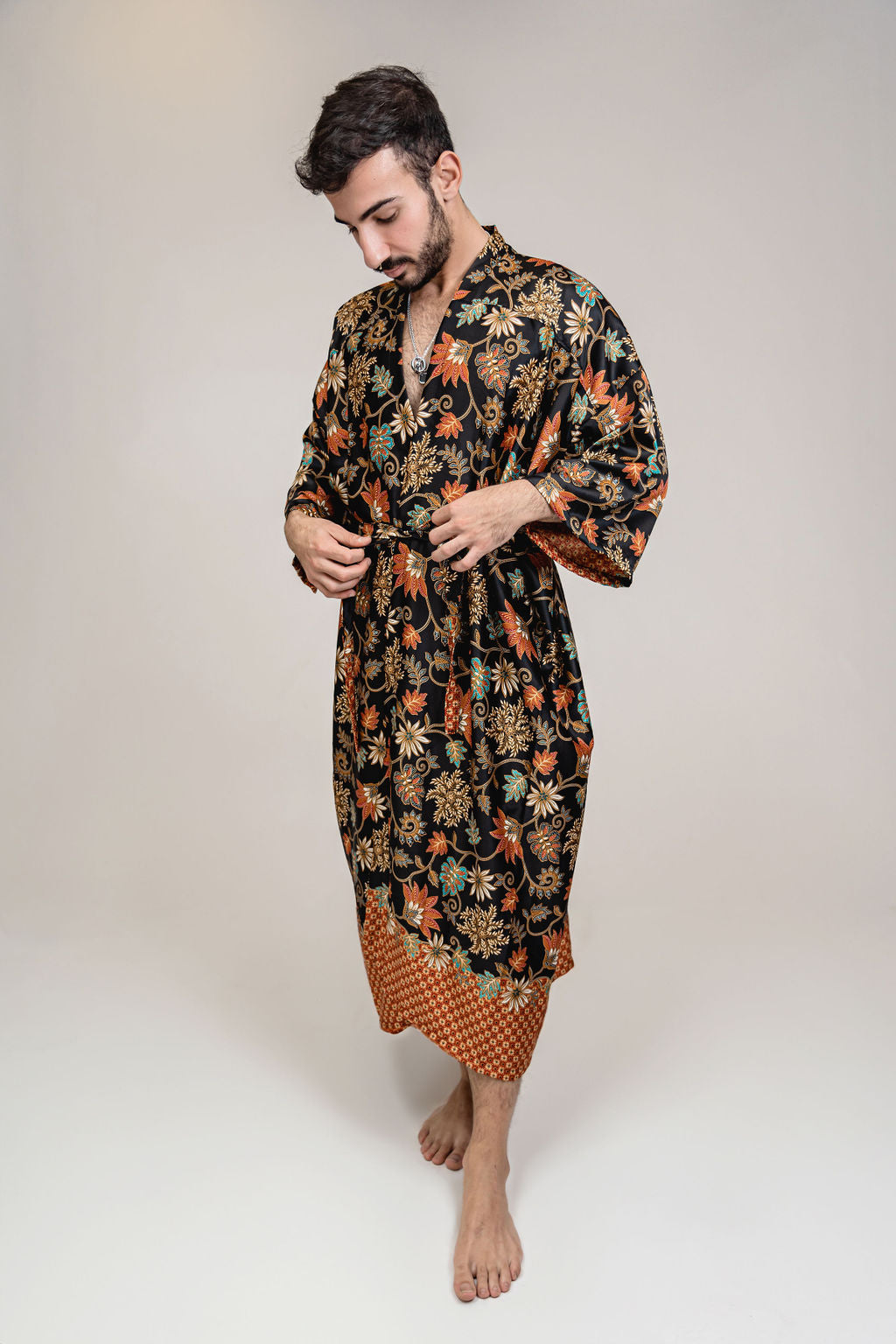 Mens Black Orange Floral Silk Long Kimono Robe