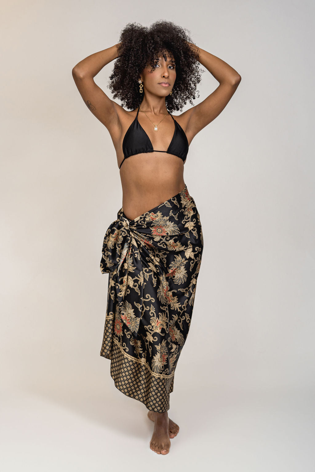 Black Floral Silk Sarong Shawl Womens