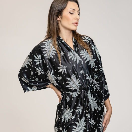 Black White Floral Silk Kimono