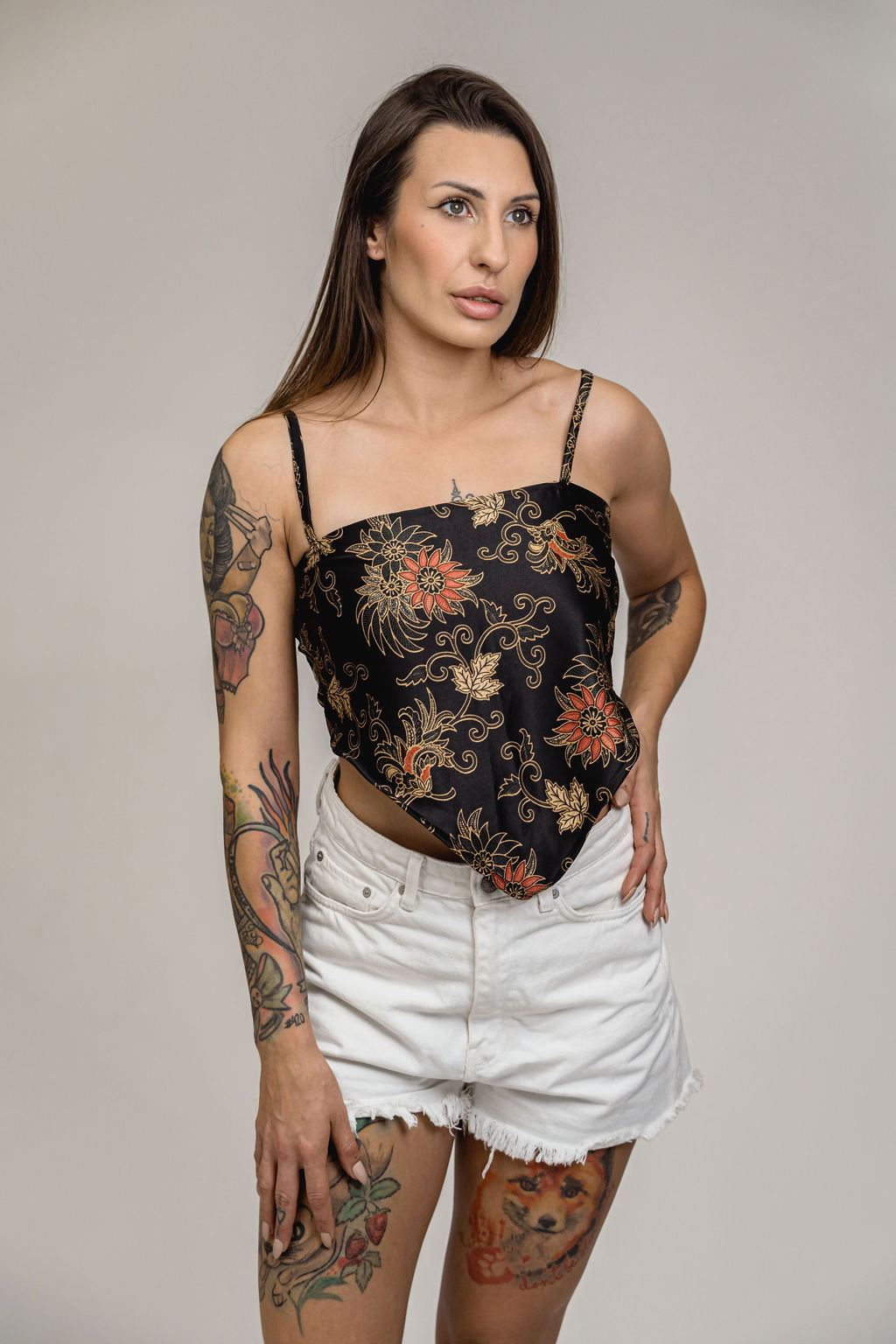 Black Gold Floral Silk Bandana Crop Top Womens