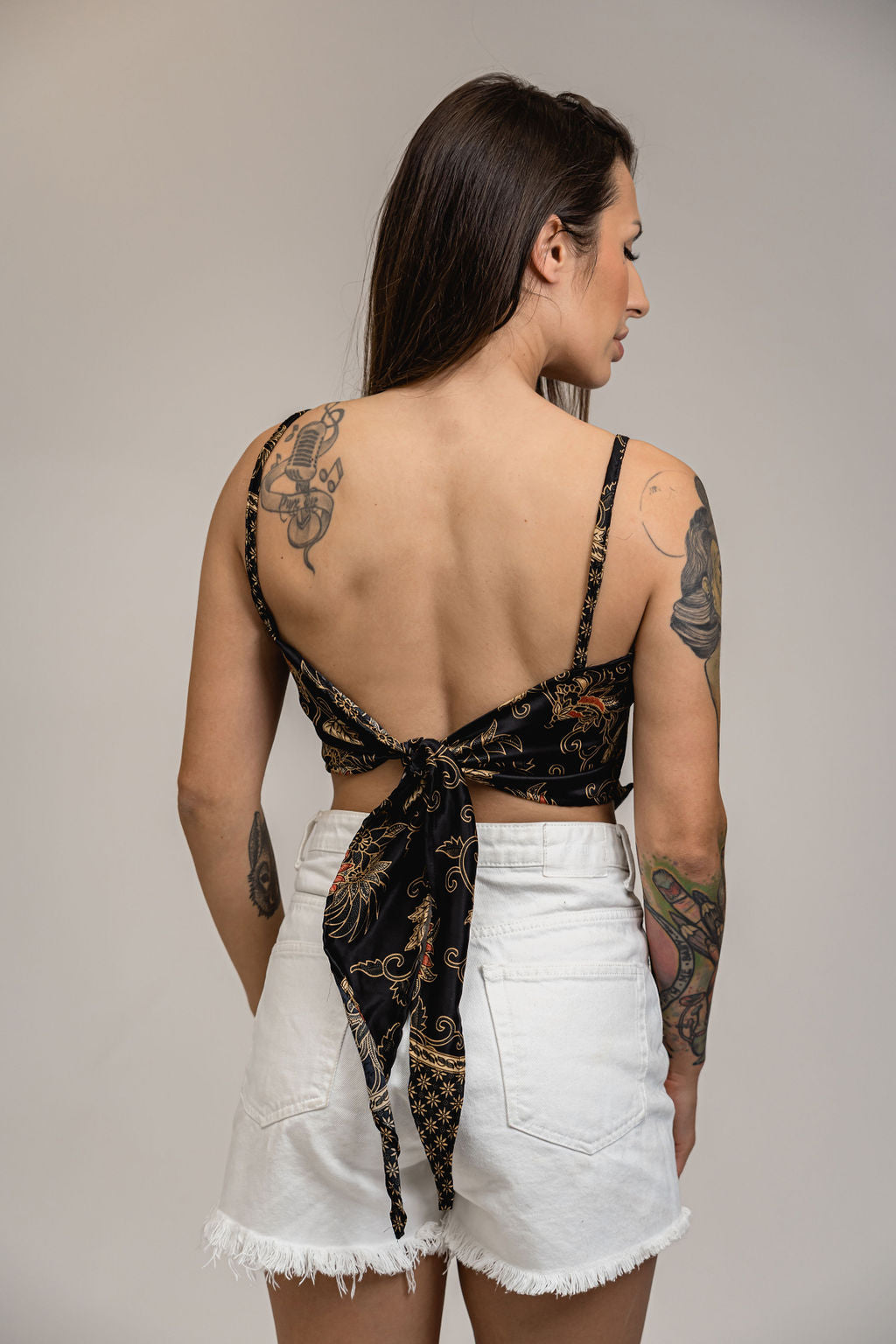 Black Gold Floral Silk Bandana Crop Top Womens