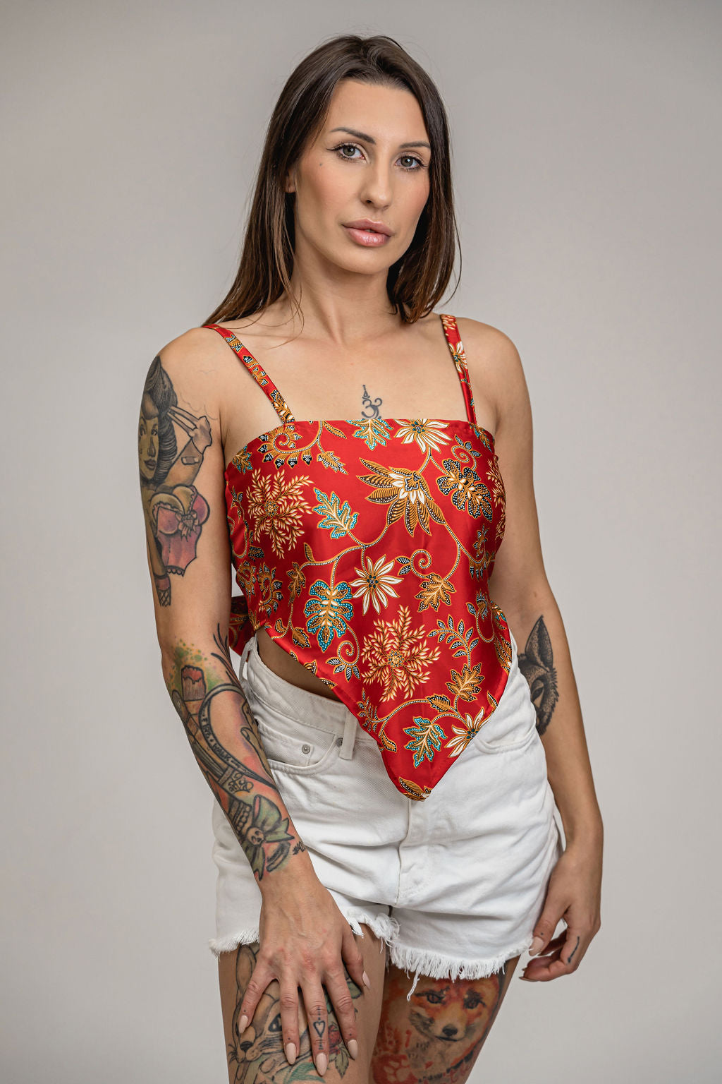 Red Gold Floral Silk Bandana Crop Top Womens