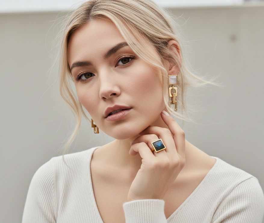 Woman wearing gold earrings and a ring with a blue stone against a neutral background