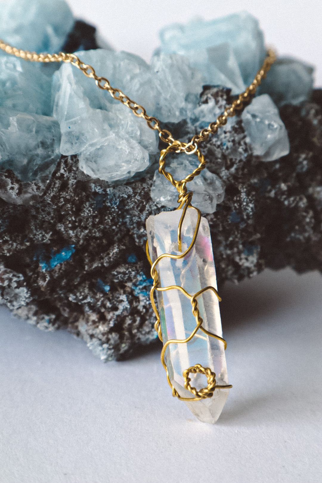Wire Wrapped Aura Quartz Necklace - Gold