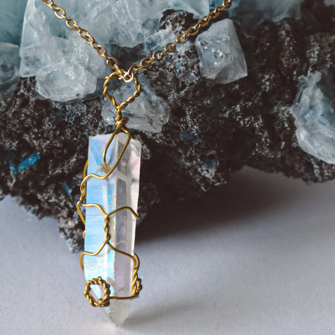 Wire Wrapped Aura Quartz Necklace - Gold