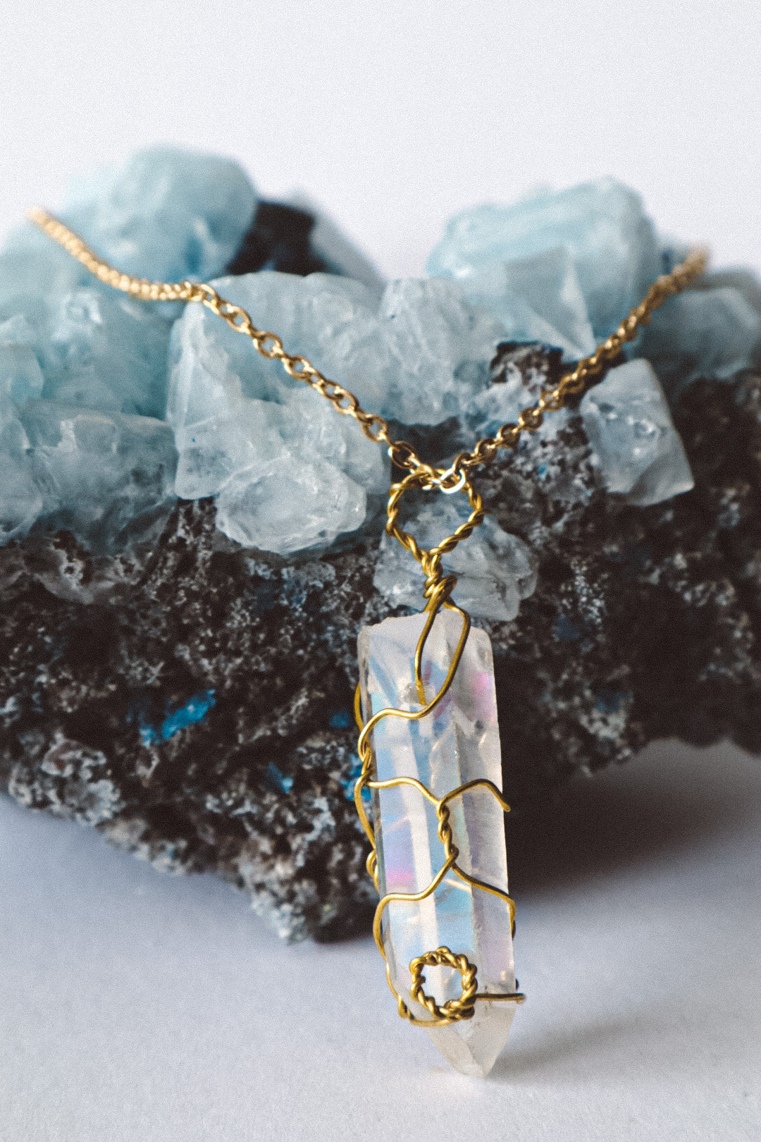 Wire Wrapped Aura Quartz Necklace - Gold