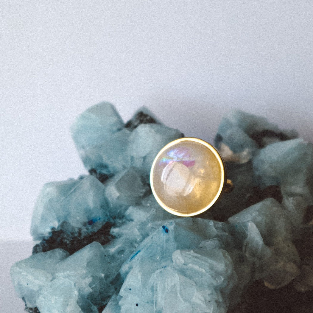 AYA Rainbow Moonstone Statement Ring Gold