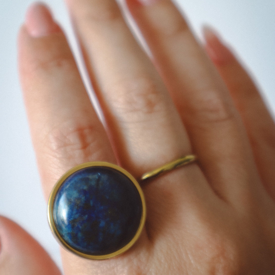 large chunky lapis lazuli ring in gold stainless steel