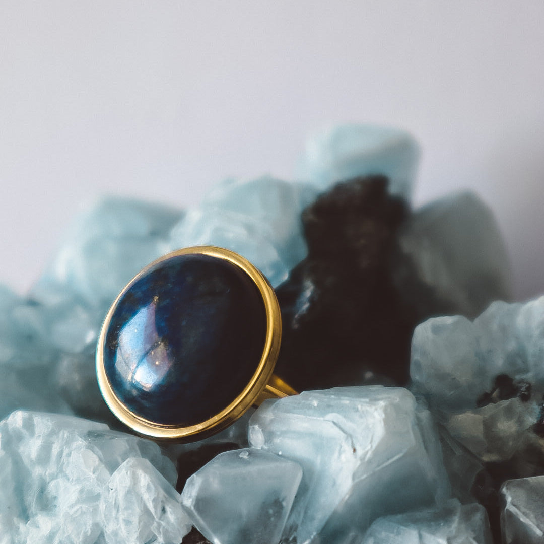 large chunky lapis lazuli ring in gold stainless steel