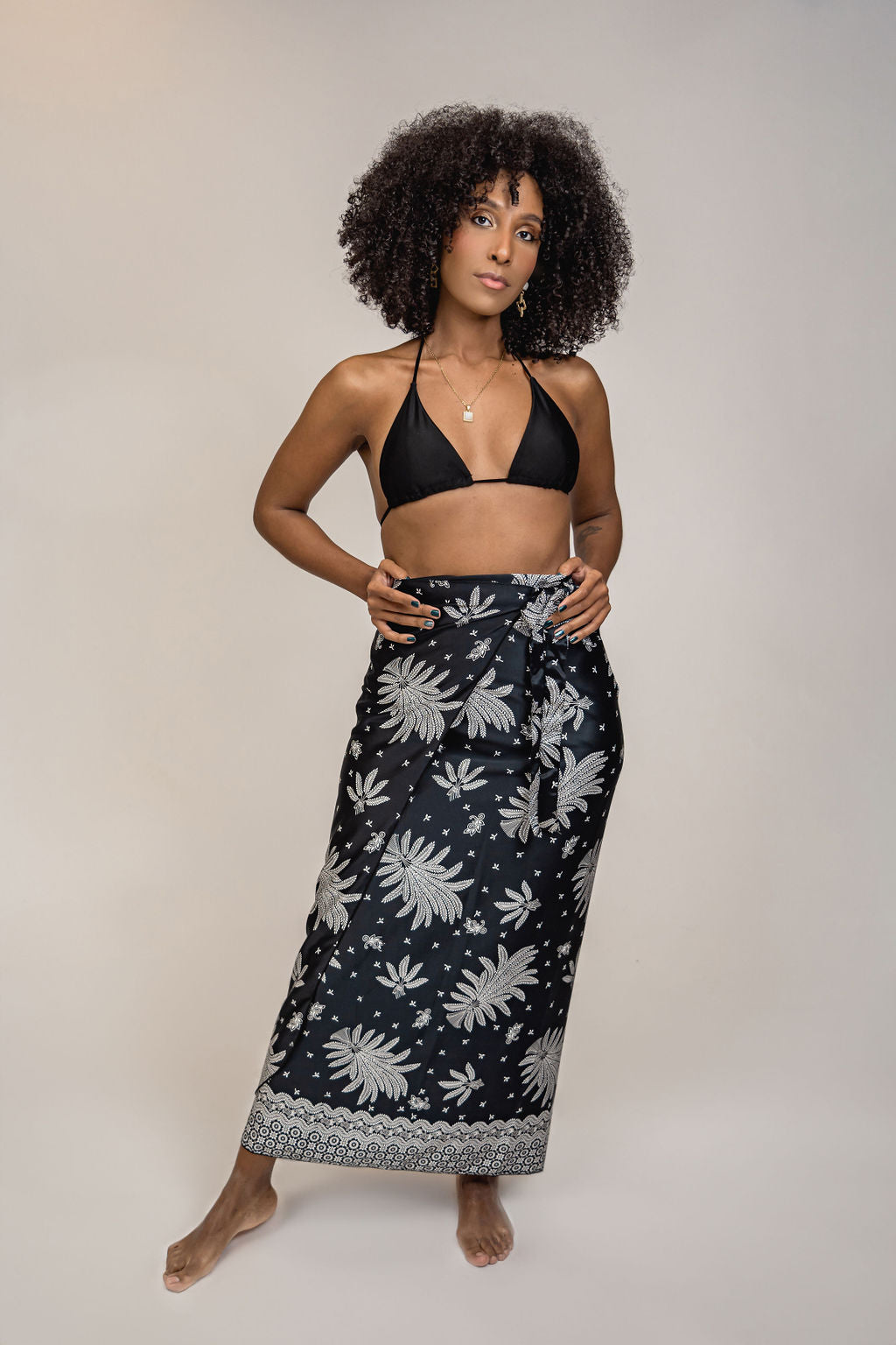 Black White Floral Silk Tie Wrap Long Skirt Womens