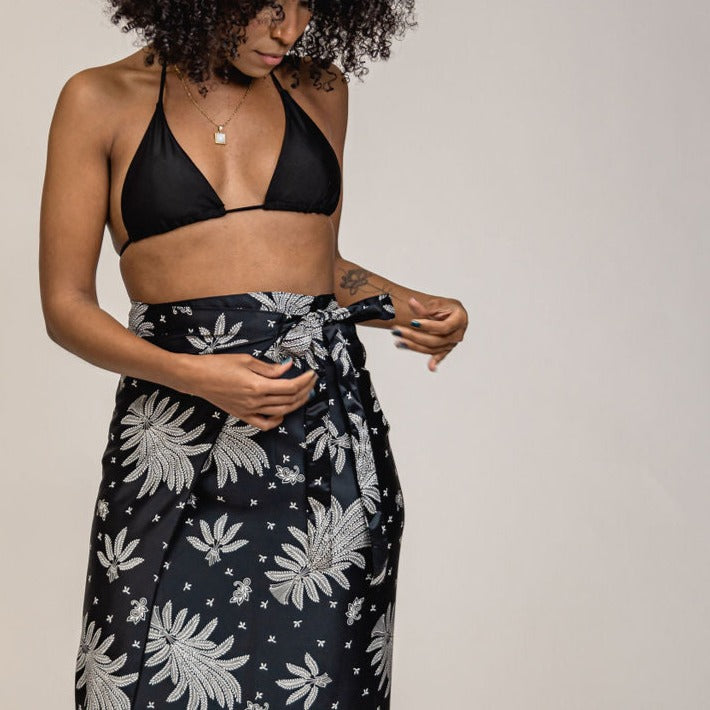 Black White Floral Silk Tie Wrap Long Skirt Womens