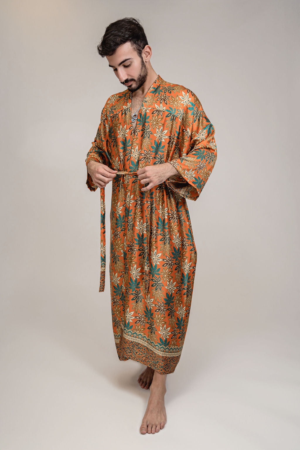 Mens Orange Blue Floral Silk Long Kimono Robe