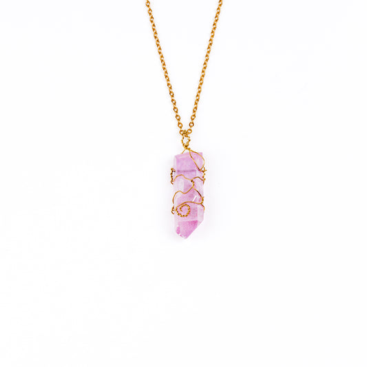 Wire Wrapped Purple Aura Quartz Necklace - Gold