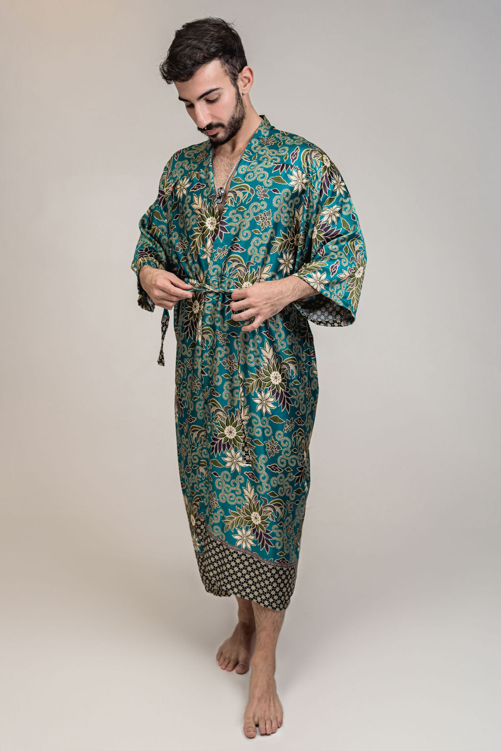 Mens Teal Blue Floral Silk Long Kimono Robe Floor