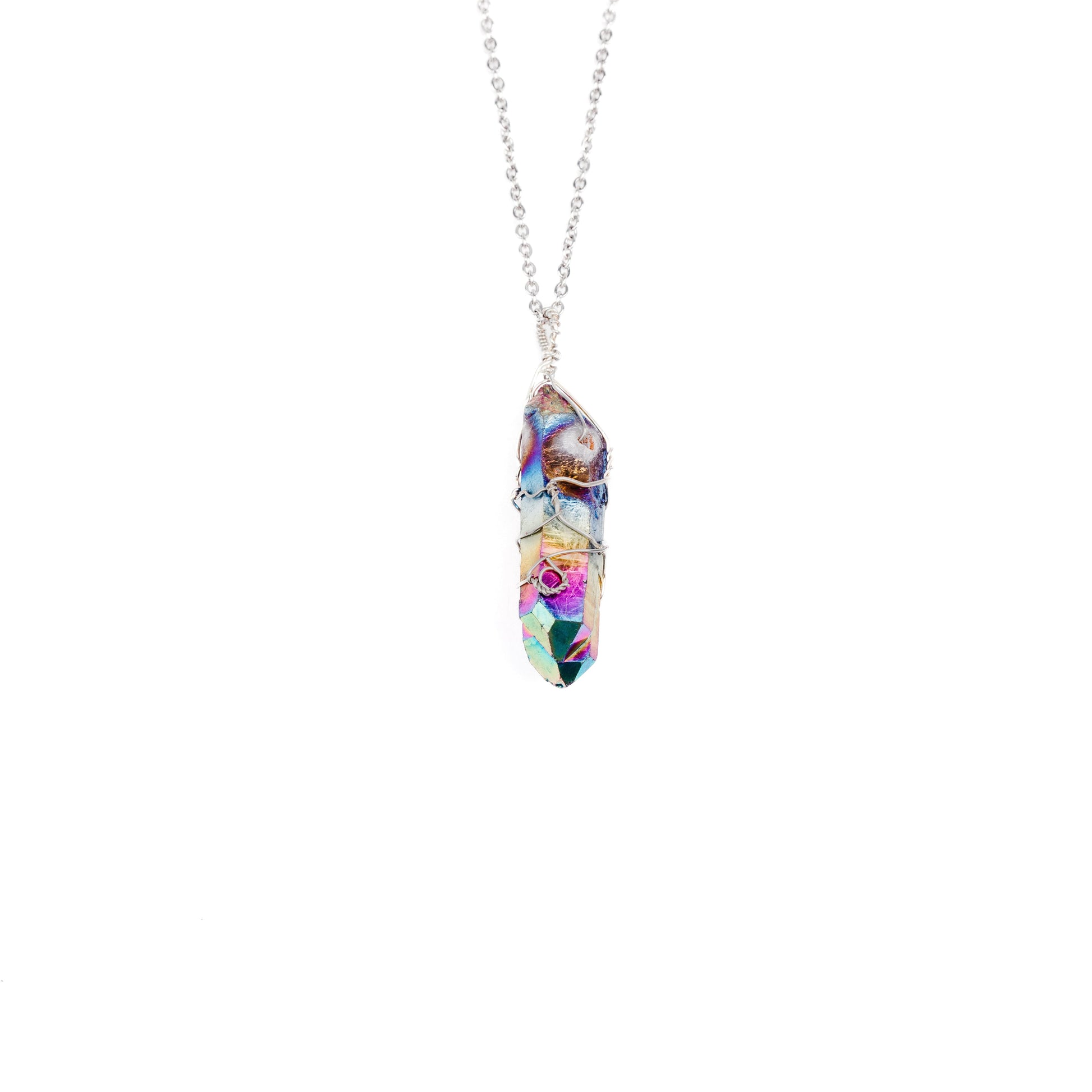 Wire Wrapped Titanium Quartz Necklace - Silver