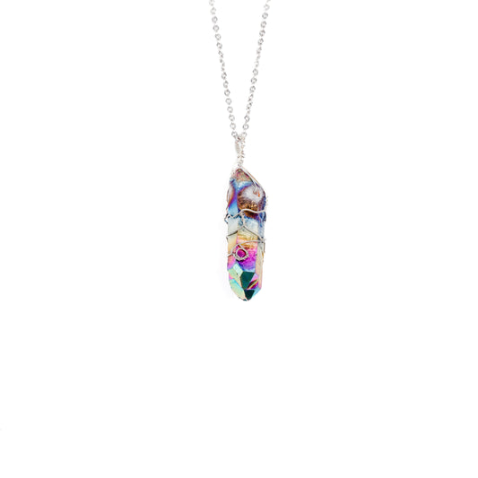 Wire Wrapped Titanium Quartz Necklace - Silver