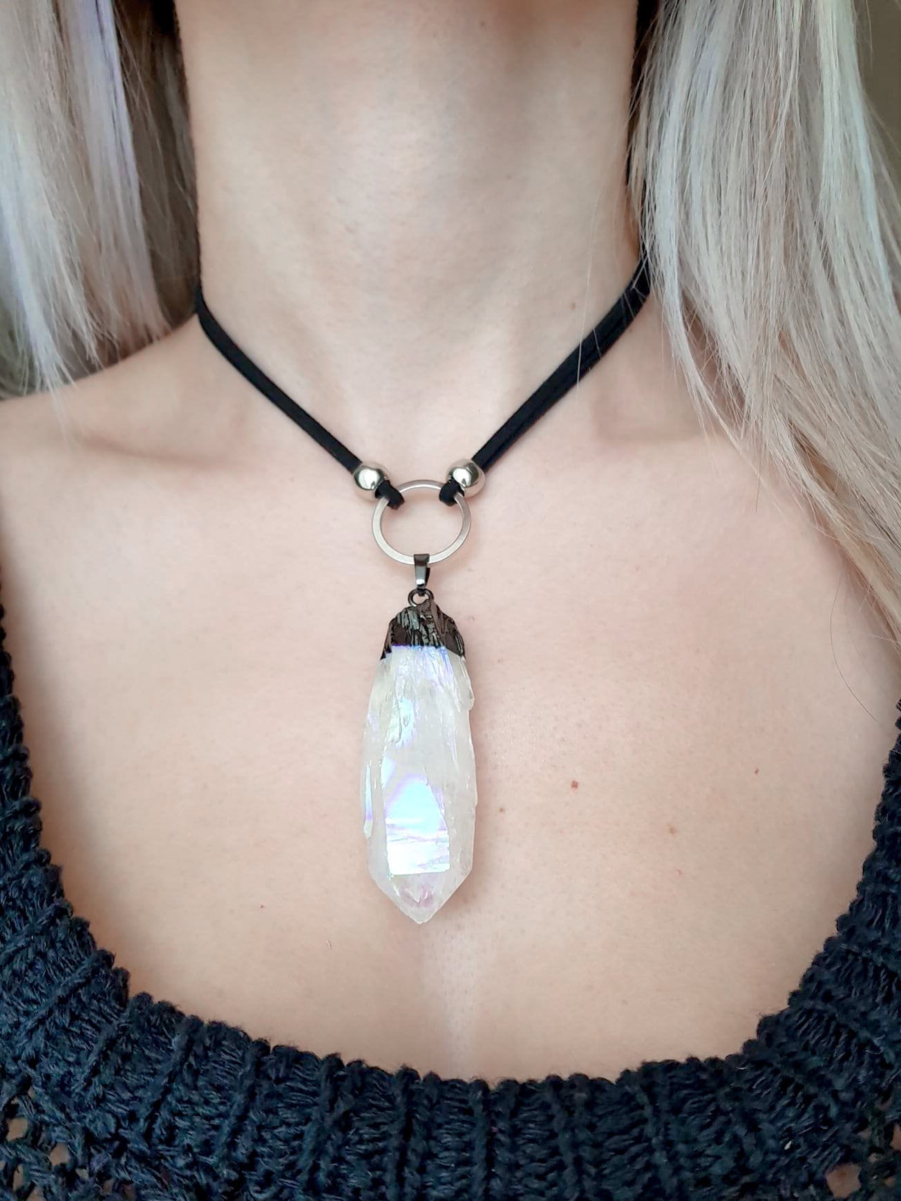 ANGEL Rainbow Angel Aura Quartz Silver O Ring Choker