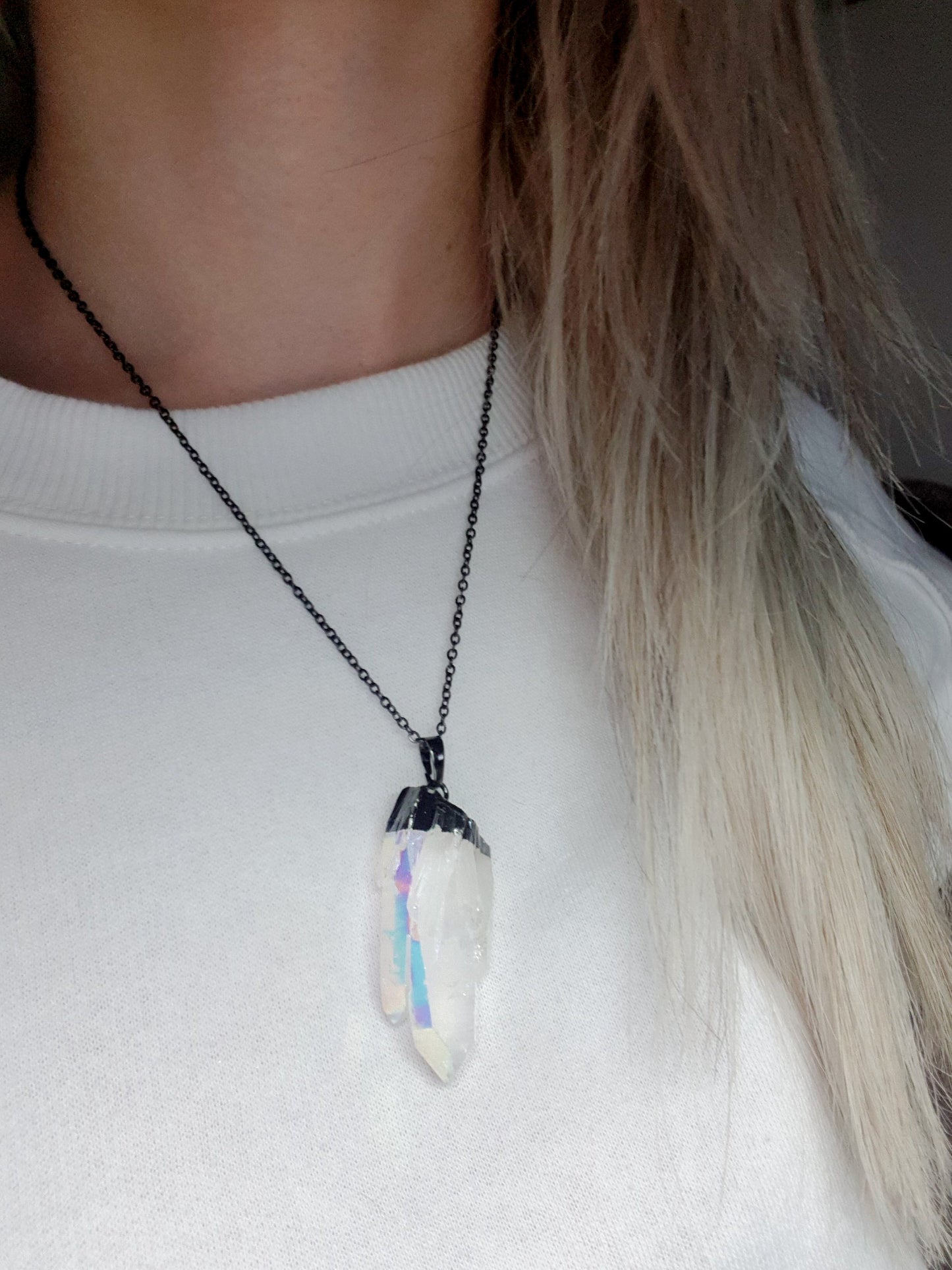 Regenbogen-Engel-Aura-Quarz-Silber-O-Ring-Halsband