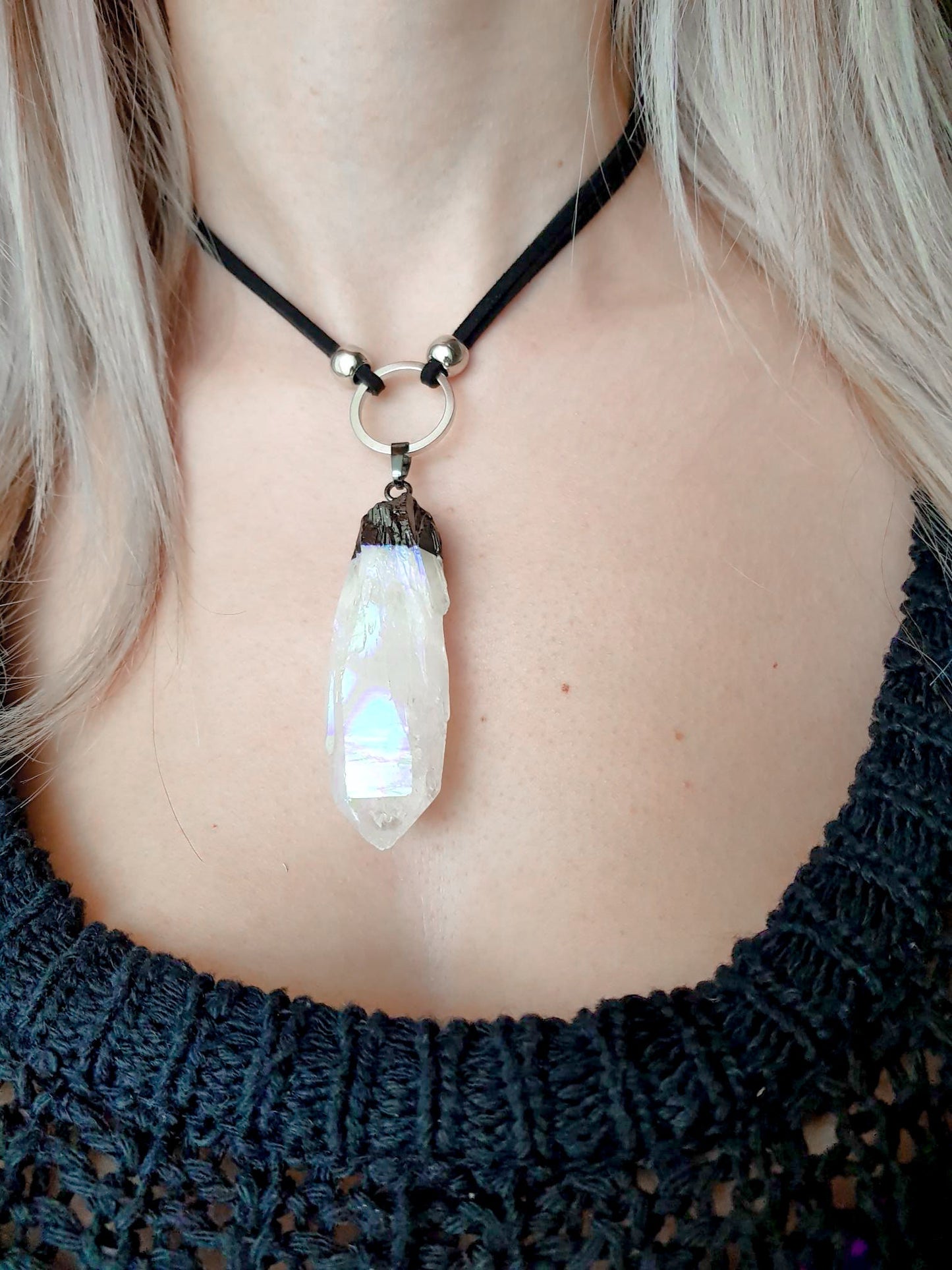 Regenbogen-Engel-Aura-Quarz-Silber-O-Ring-Halsband