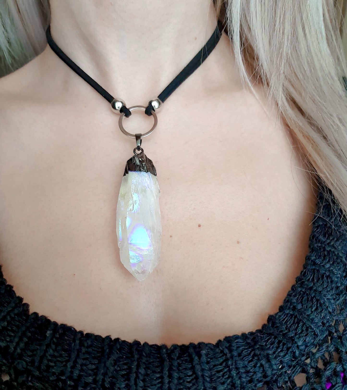 Regenbogen-Engel-Aura-Quarz-Silber-O-Ring-Halsband