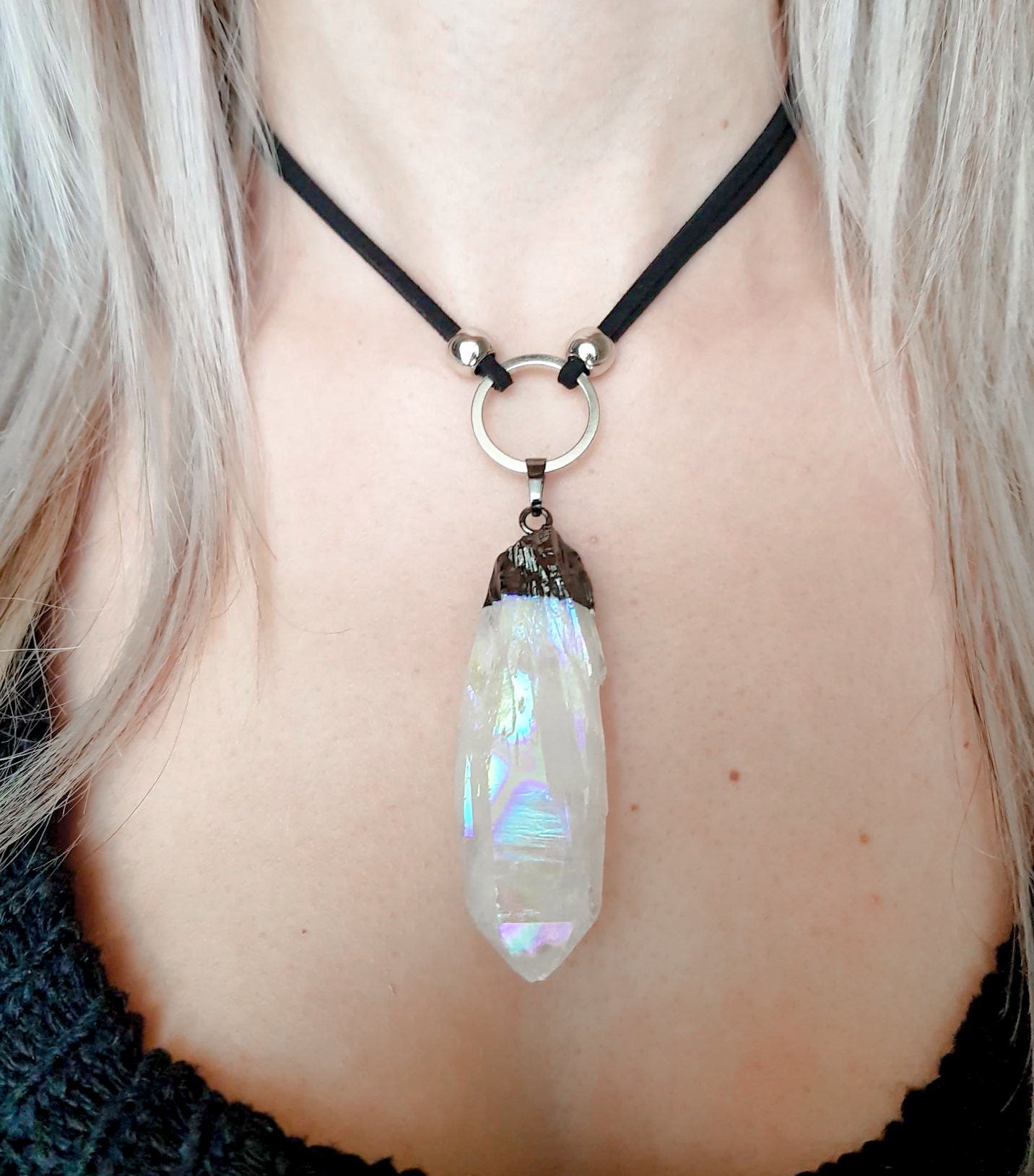 Regenbogen-Engel-Aura-Quarz-Silber-O-Ring-Halsband
