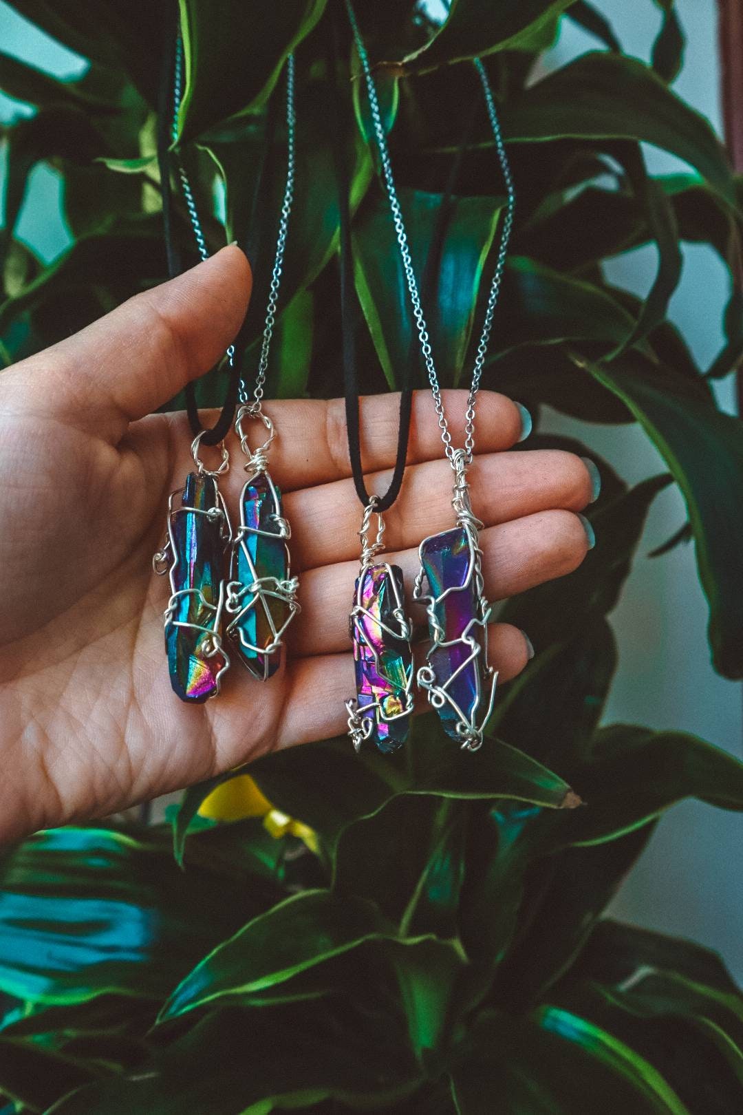 Wire Wrapped Titanium Quartz Necklace - Silver