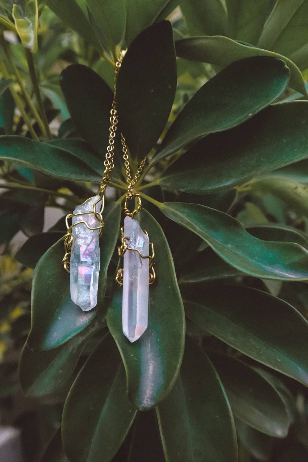 Wire Wrapped Aura Quartz Necklace - Gold