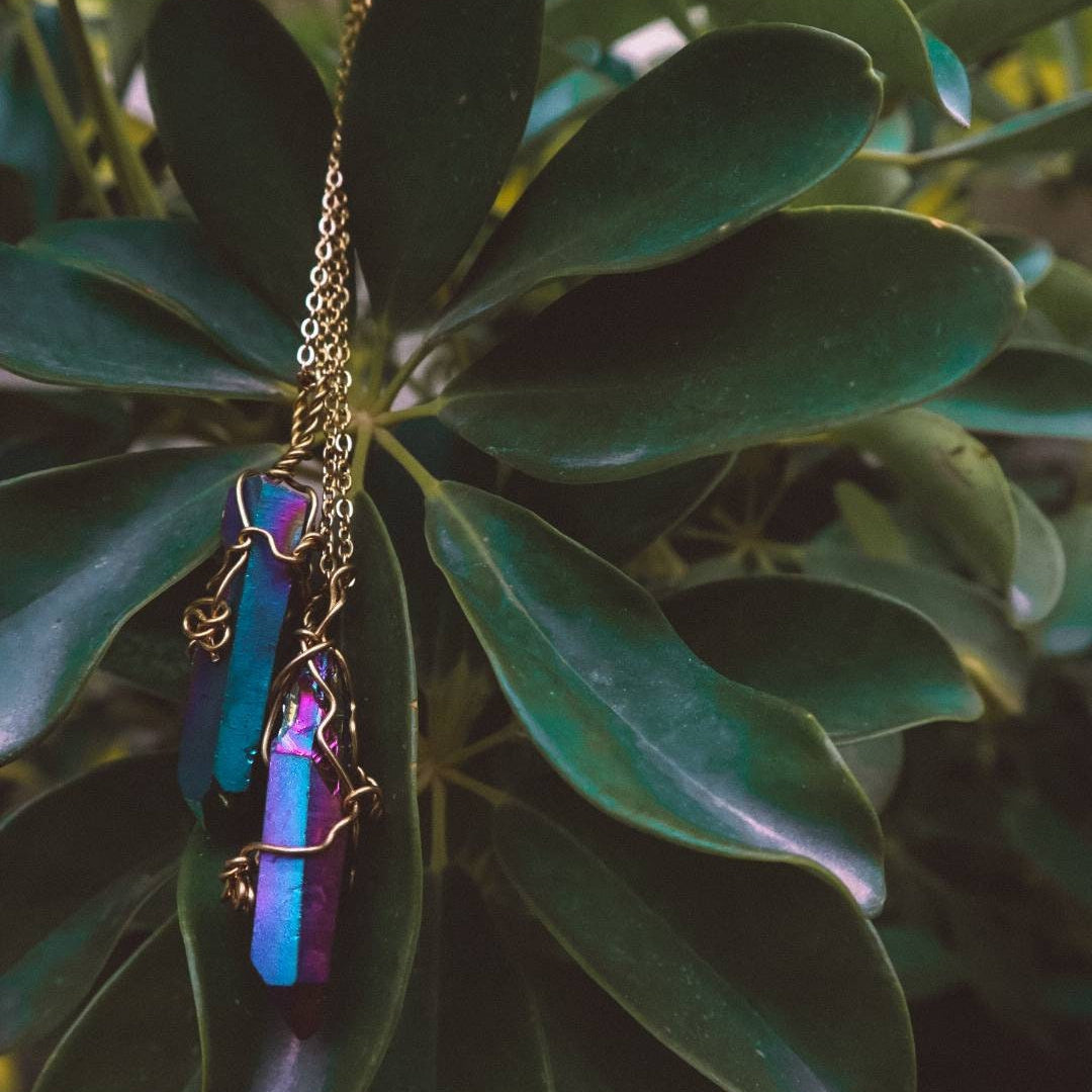 Wire Wrapped Titanium Aura Quartz Pendant Necklace - Gold