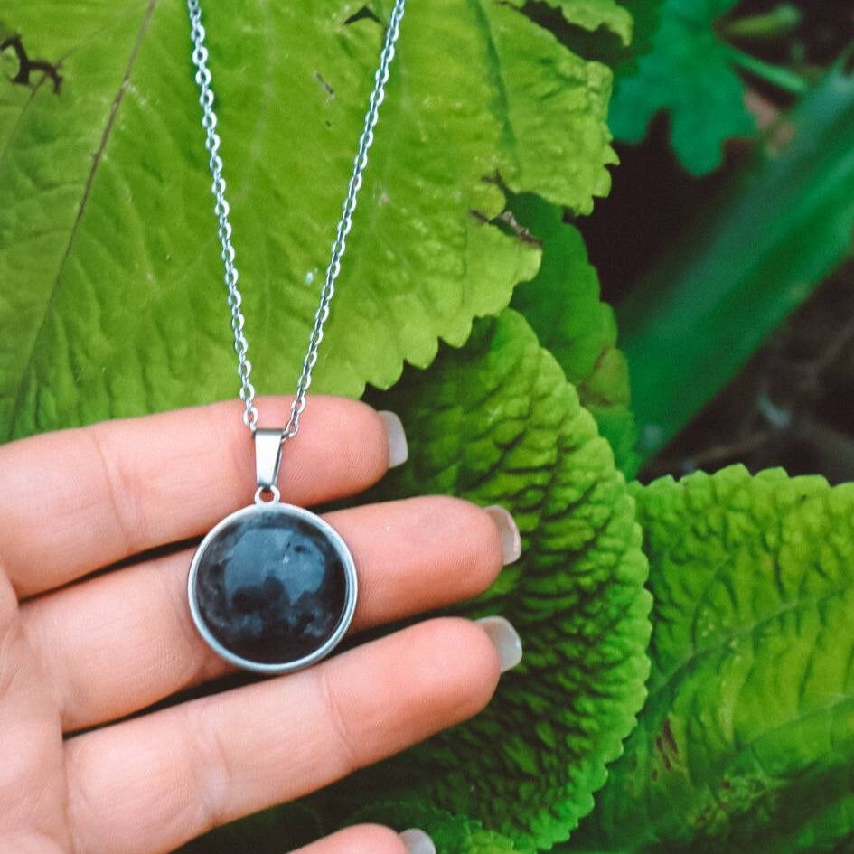 Larvikite Statement Pendant Necklace - Silver