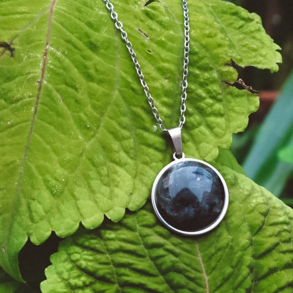 Larvikite Statement Pendant Necklace - Silver