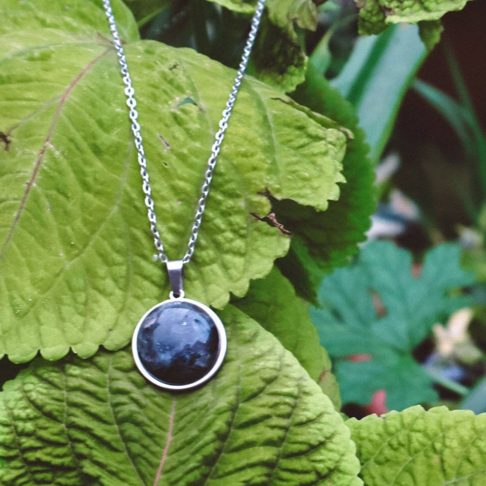 Larvikite Statement Pendant Necklace - Silver