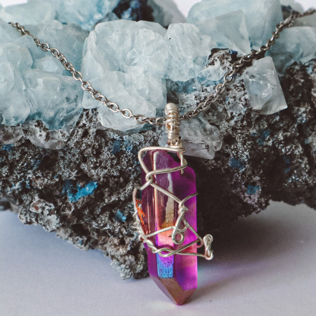 Violet Aura Quartz Point Necklace - Silver