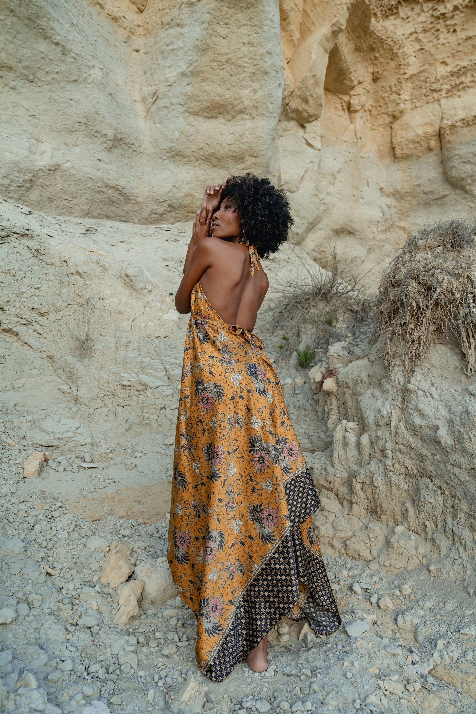 Yellow Floral Silk Maxi Dress - Chrysanthemum