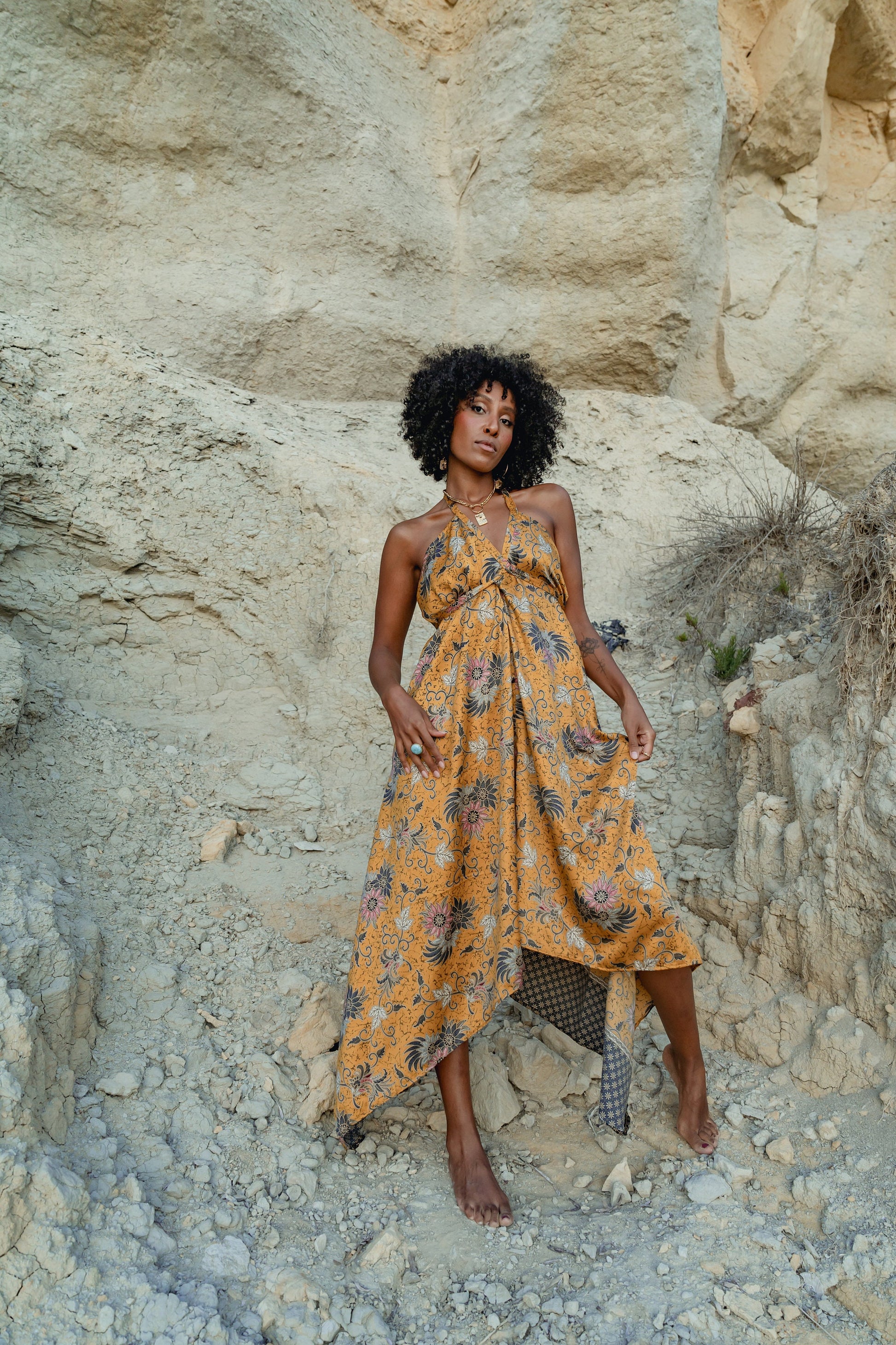 Yellow Floral Silk Maxi Dress - Chrysanthemum