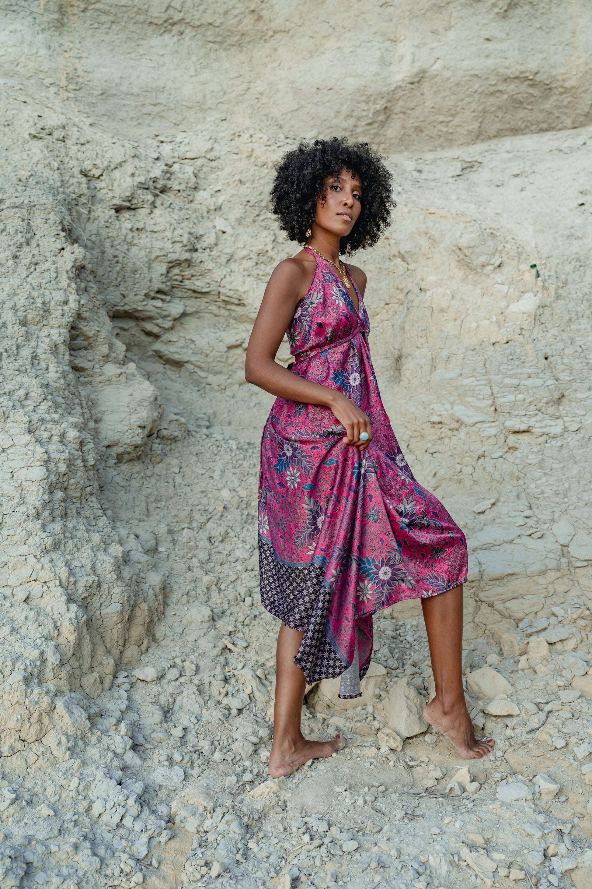 Pink Floral Silk Maxi Dress - Peony