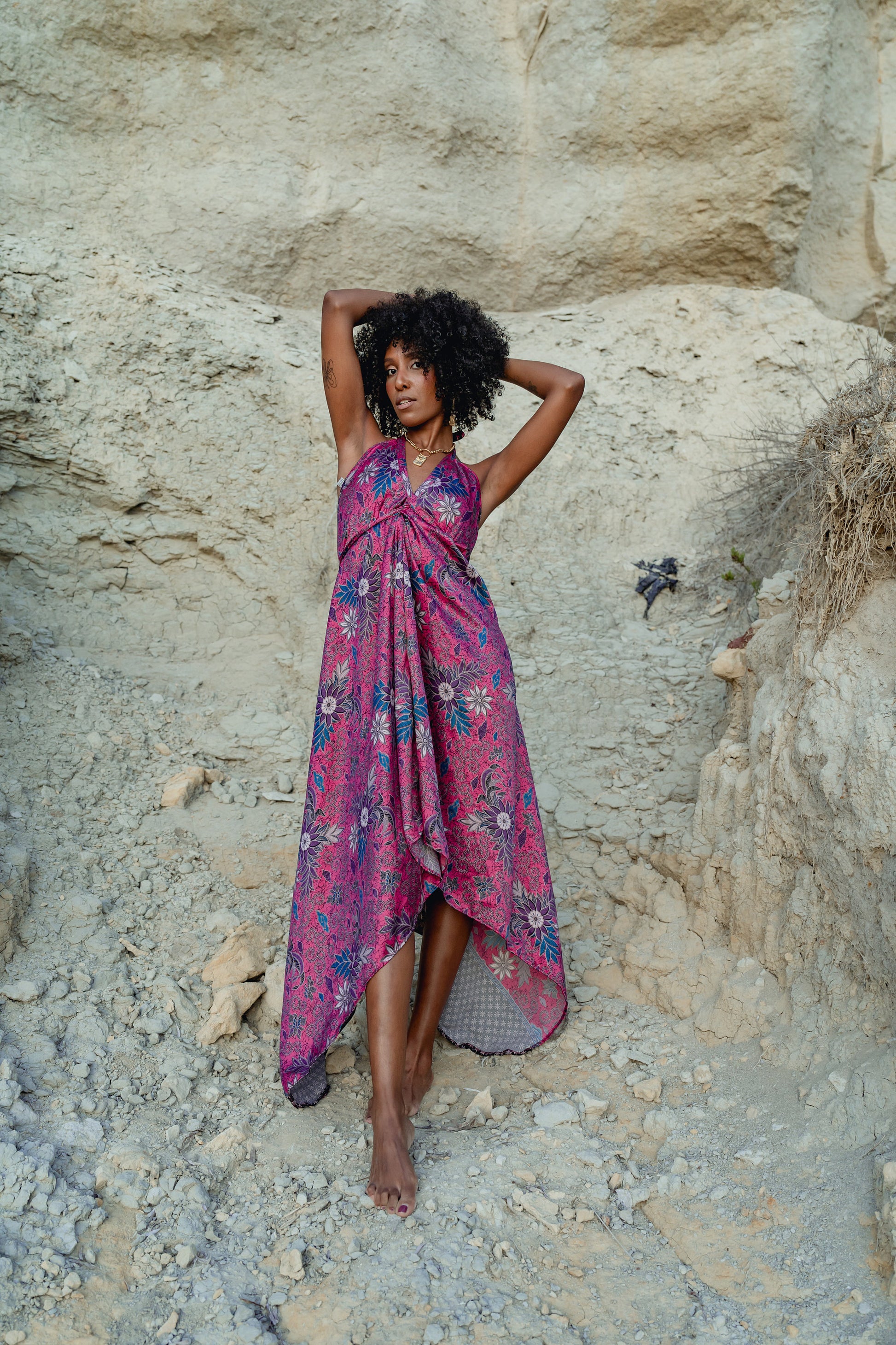 Pink Floral Silk Maxi Dress - Peony