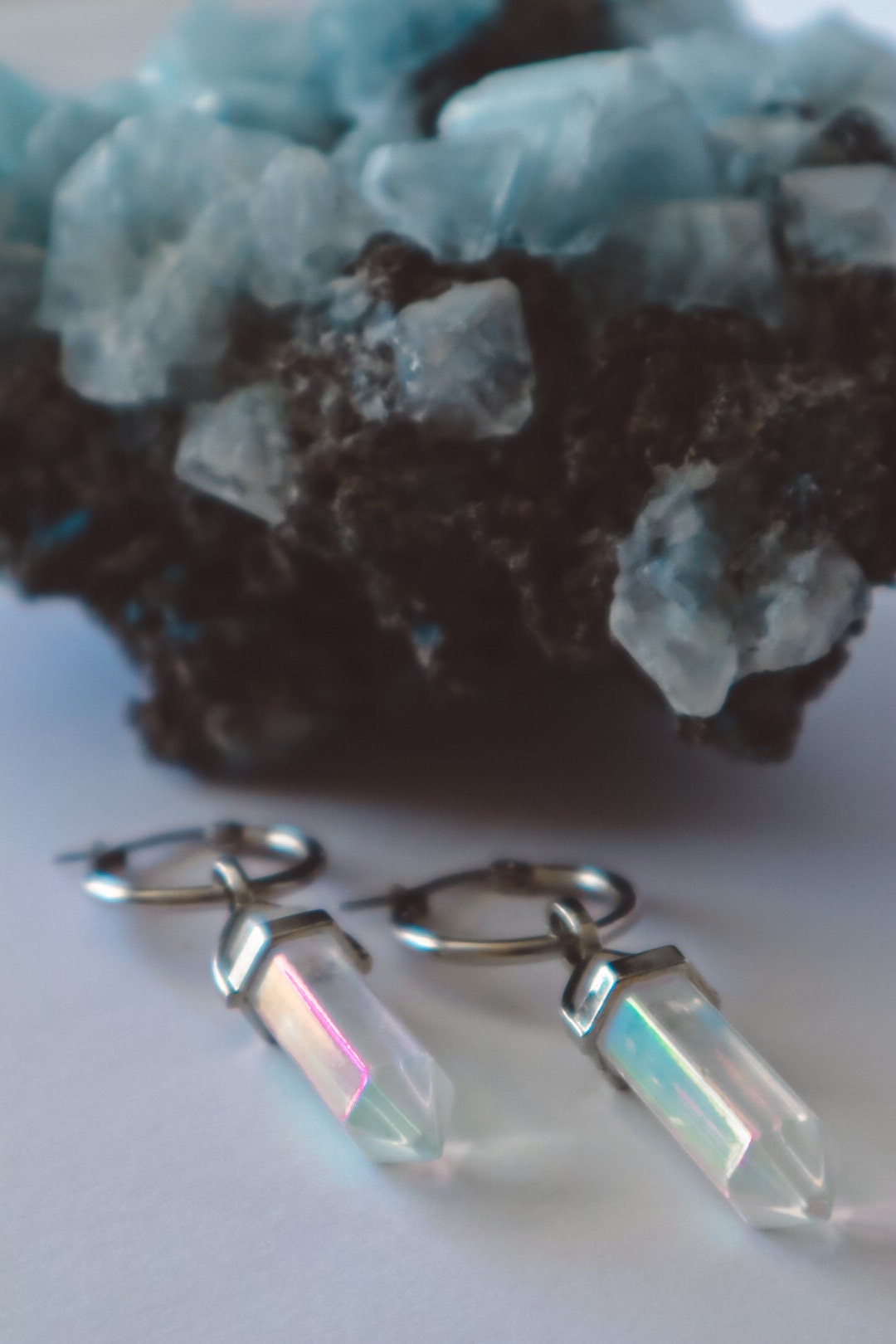 earrings with gemstone, earring for women, earring jewelry, dangling gem earrings,  gemstone dangle earrings,Rainbow Angel Aura Quartz Huggie Earrings Hoops Silver, bohemian crystal earrings jewelry, boho jewellery, gemstone hoop, crystal and silver,