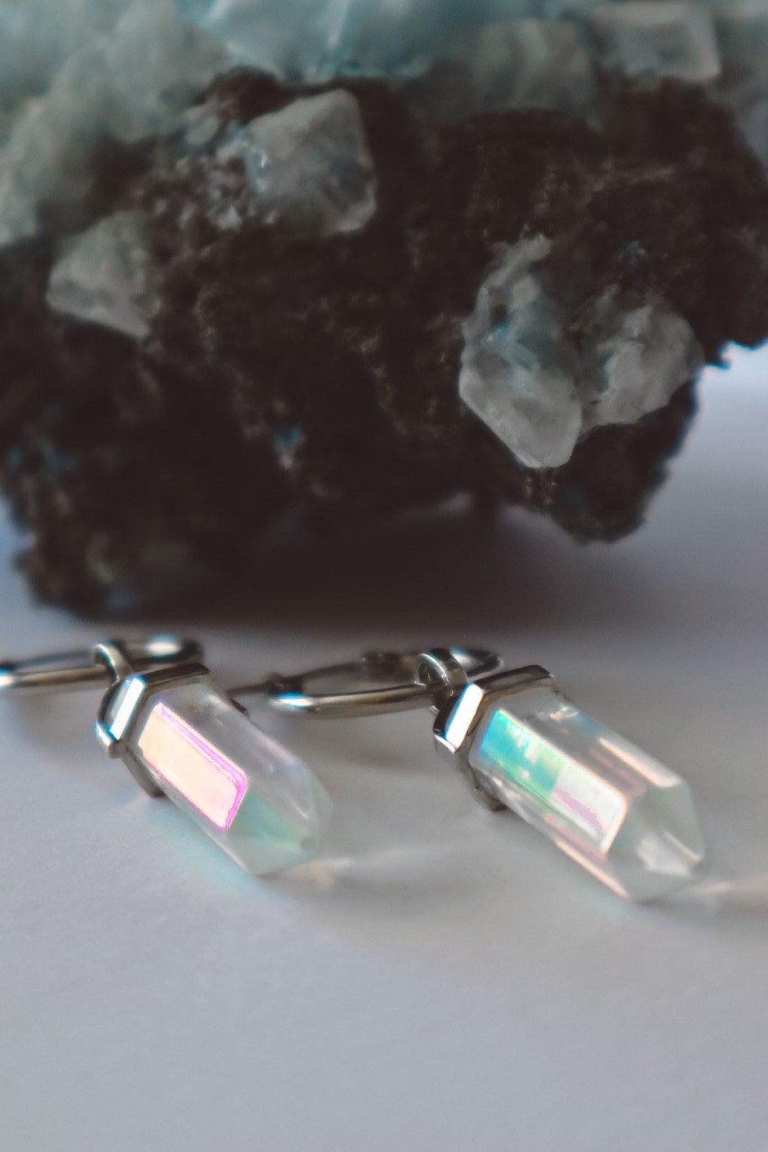 earrings with gemstone, earring for women, earring jewelry, dangling gem earrings,  gemstone dangle earrings,Rainbow Angel Aura Quartz Huggie Earrings Hoops Silver, bohemian crystal earrings jewelry, boho jewellery, gemstone hoop, crystal and silver,