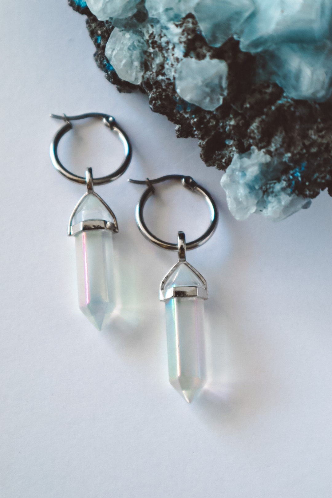 earrings with gemstone, earring for women, earring jewelry, dangling gem earrings,  gemstone dangle earrings,Rainbow Angel Aura Quartz Huggie Earrings Hoops Silver, bohemian crystal earrings jewelry, boho jewellery, gemstone hoop, crystal and silver,