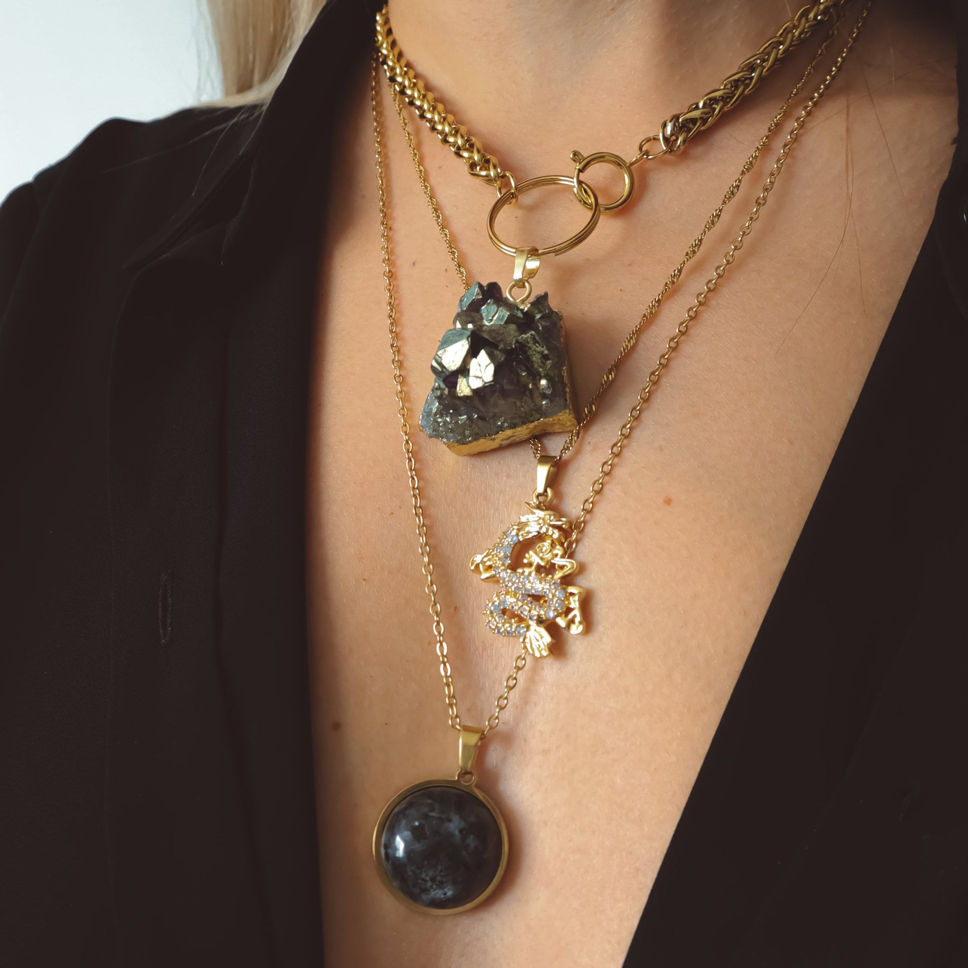 Larvikite Pendant Necklace - Gold