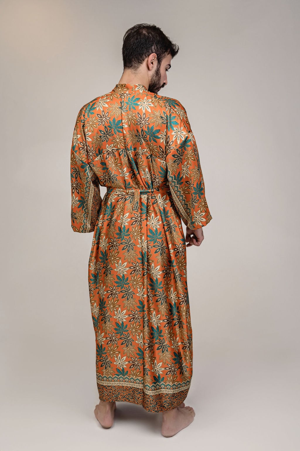 Mens Orange Blue Floral Silk Long Kimono Robe