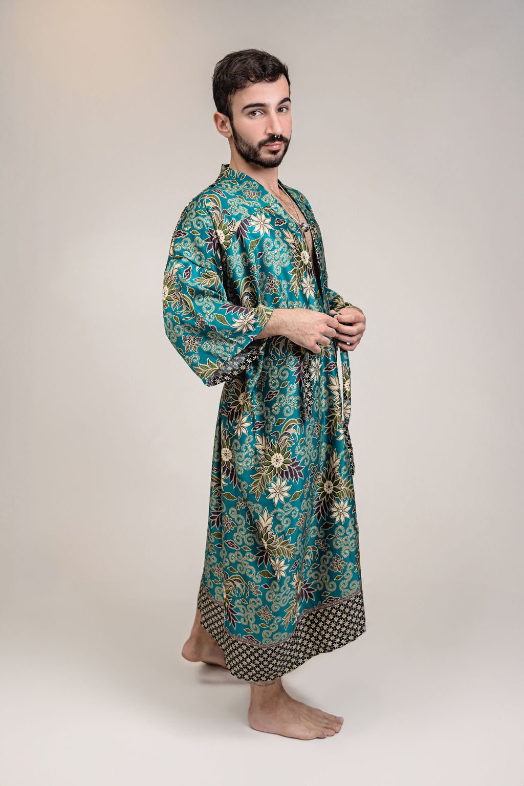 Mens Teal Blue Floral Silk Long Kimono Robe Floor